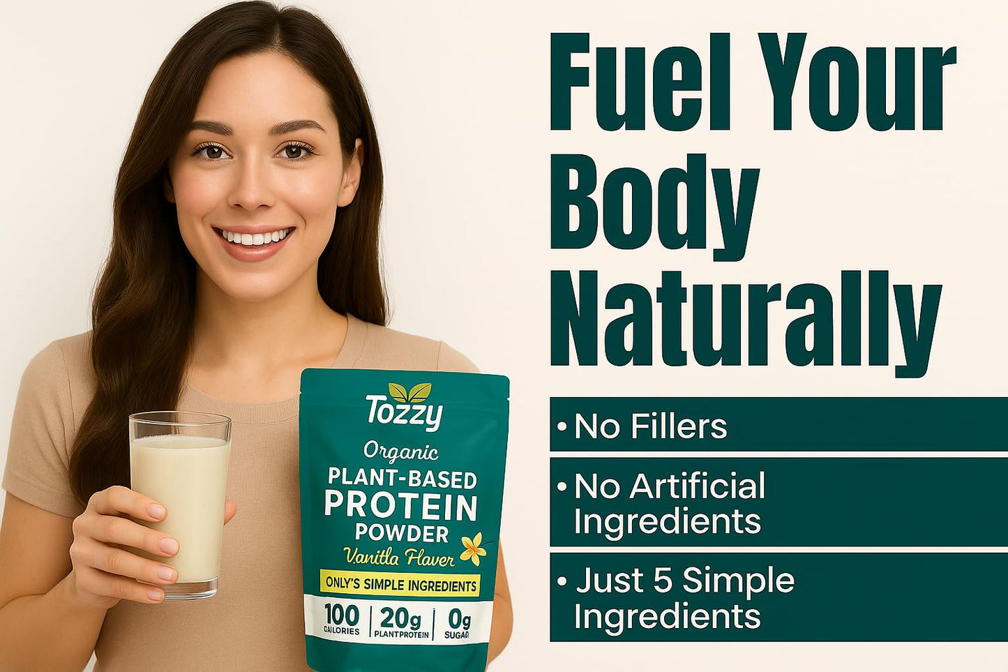 TOZZY Plant Protein – Vanilla | Only 5 Simple Ingredients | 20g Protein, 0g Sugar | Vegan Pea Protein