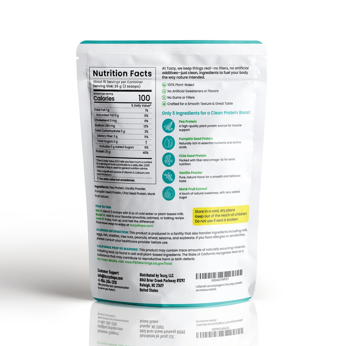 TOZZY Plant Protein – Vanilla | Only 5 Simple Ingredients | 20g Protein, 0g Sugar | Vegan Pea Protein
